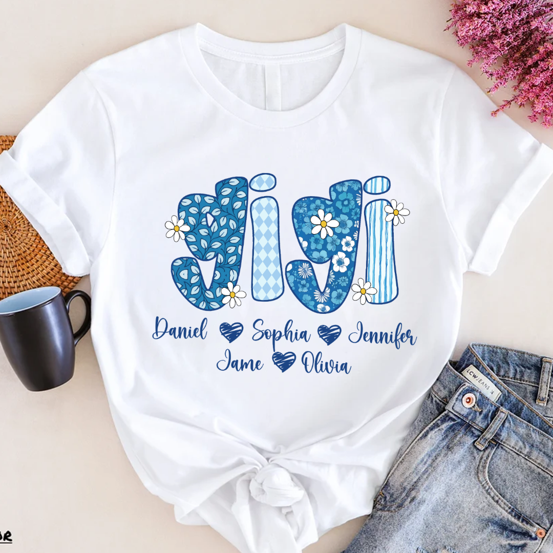 Blue Floral Gigi Personalized Grandma Gift with Grandkids Names Shirt