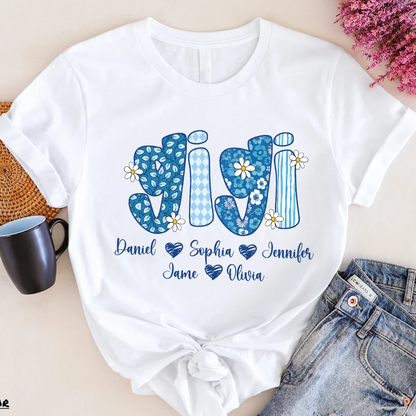 Blue Floral Gigi Personalized Grandma Gift with Grandkids Names Shirt