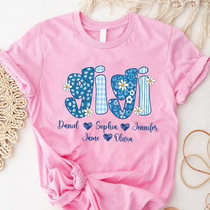 Blue Floral Gigi Personalized Grandma Gift with Grandkids Names Shirt