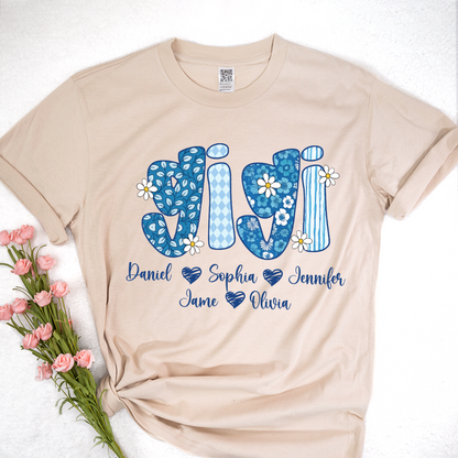 Blue Floral Gigi Personalized Grandma Gift with Grandkids Names Shirt