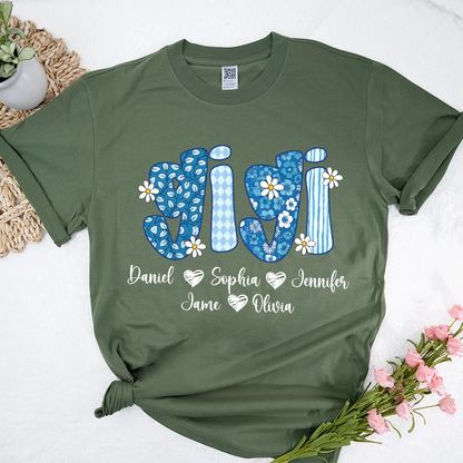 Blue Floral Gigi Personalized Grandma Gift with Grandkids Names Shirt