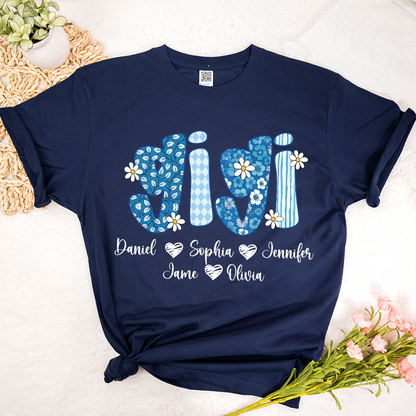 Blue Floral Gigi Personalized Grandma Gift with Grandkids Names Shirt