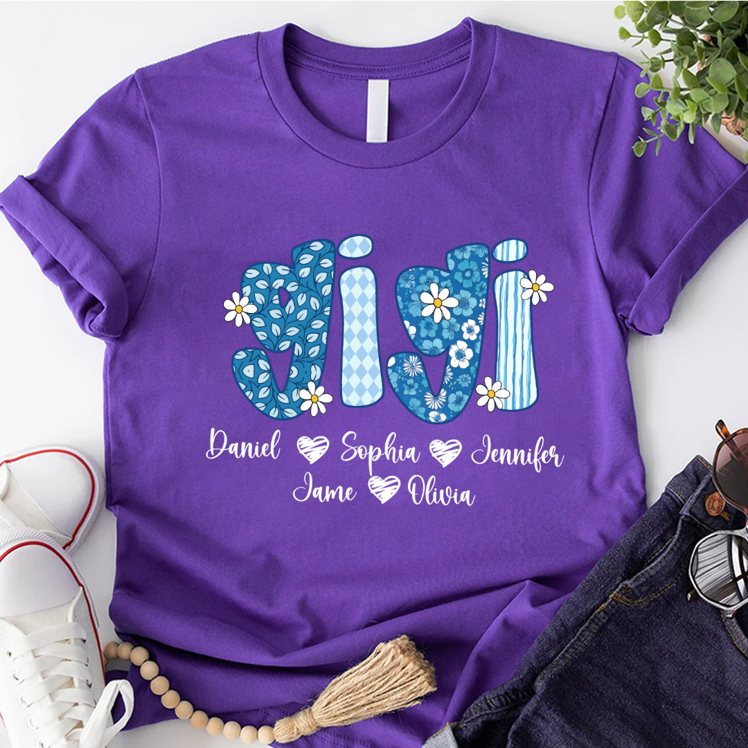Blue Floral Gigi Personalized Grandma Gift with Grandkids Names Shirt