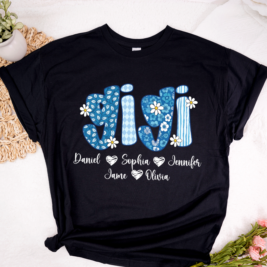 Blue Floral Gigi Personalized Grandma Gift with Grandkids Names Shirt