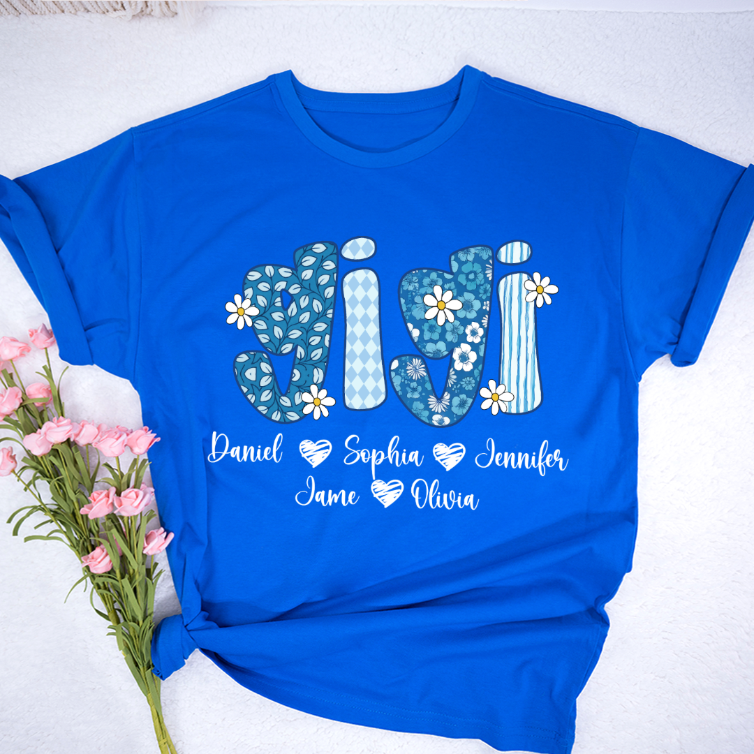 Blue Floral Gigi Personalized Grandma Gift with Grandkids Names Shirt