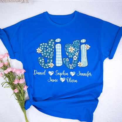 Blue Floral Gigi Personalized Grandma Gift with Grandkids Names Shirt