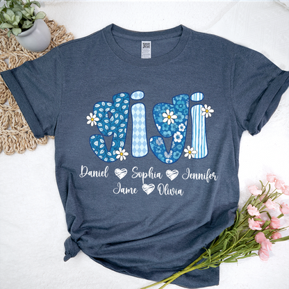Blue Floral Gigi Personalized Grandma Gift with Grandkids Names Shirt