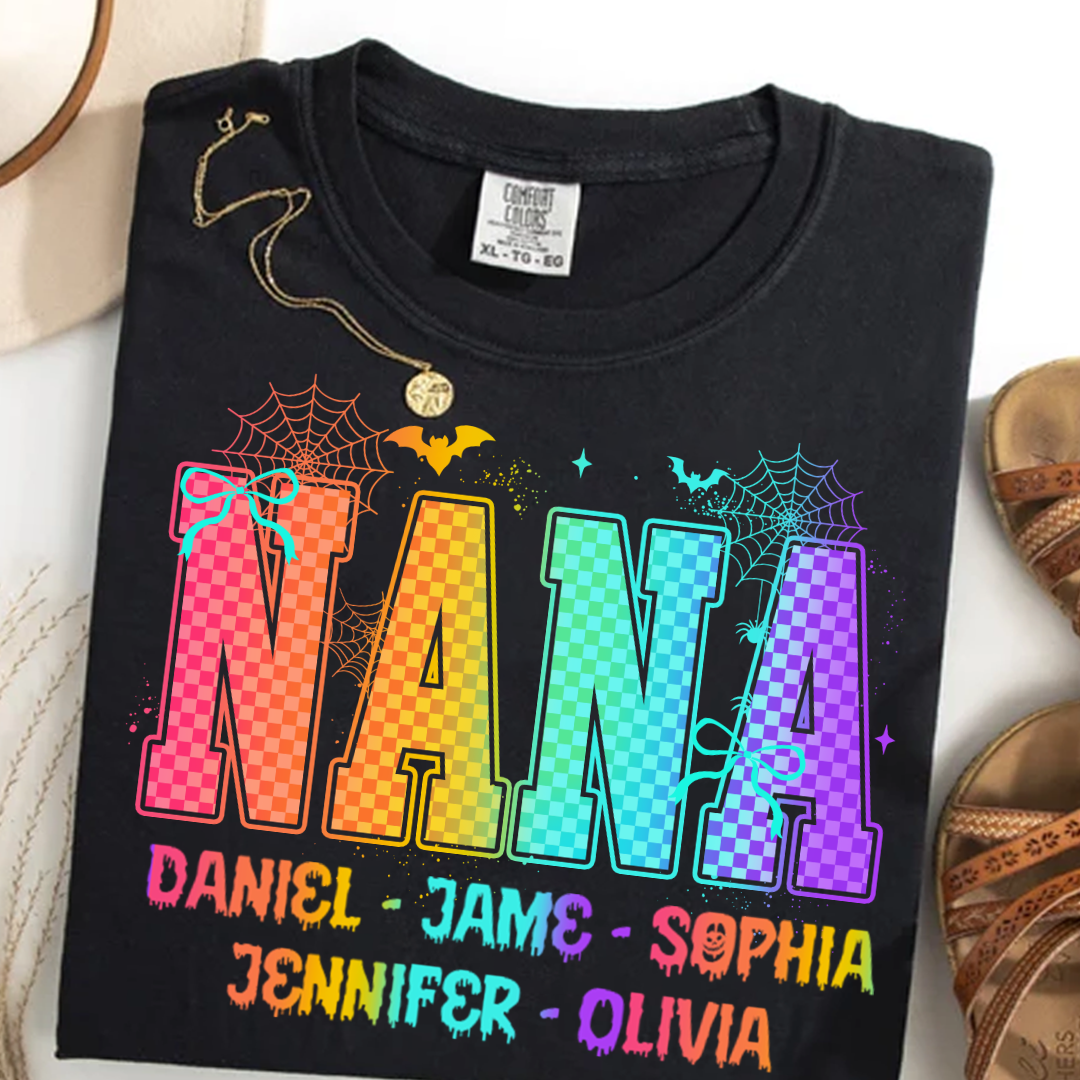 Checkered Halloween Drip Neon Nana And Grandkids Shirt