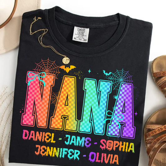 Checkered Halloween Drip Neon Nana And Grandkids Shirt