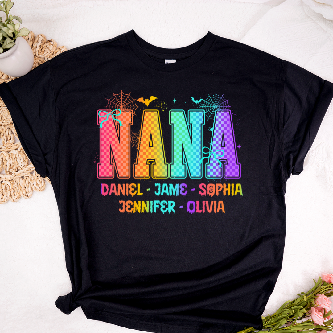 Checkered Halloween Drip Neon Nana And Grandkids Shirt