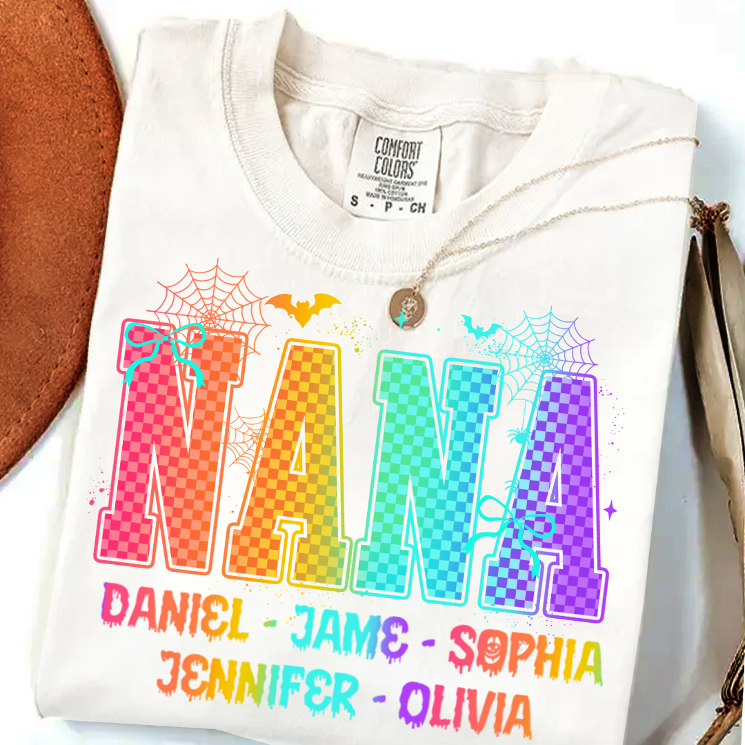 Checkered Halloween Drip Neon Nana And Grandkids Shirt