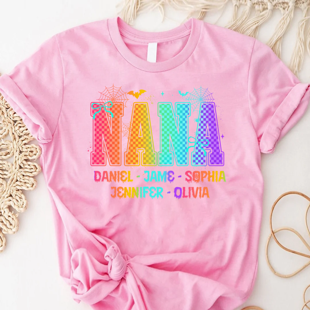 Checkered Halloween Drip Neon Nana And Grandkids Shirt