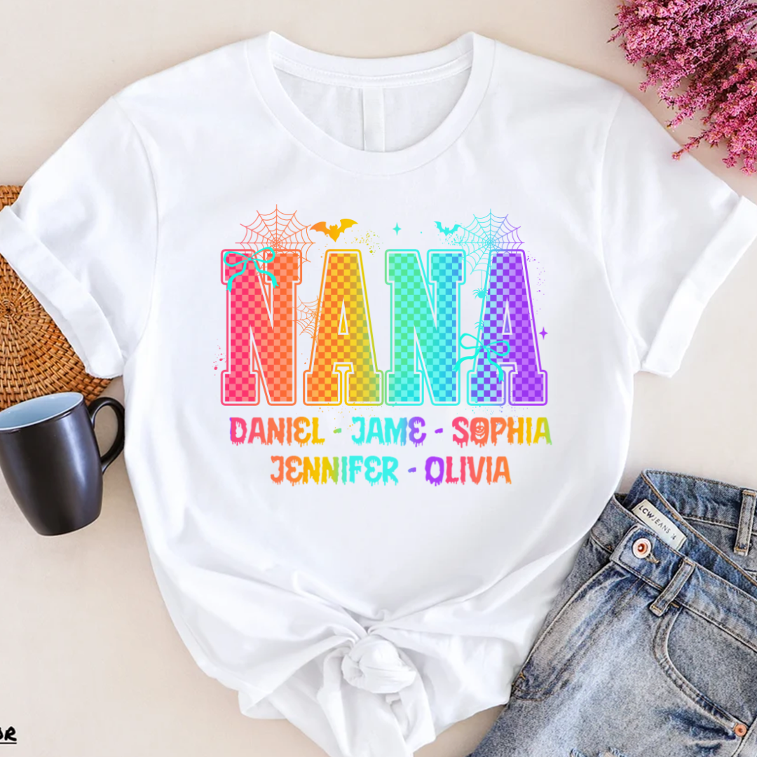 Checkered Halloween Drip Neon Nana And Grandkids Shirt