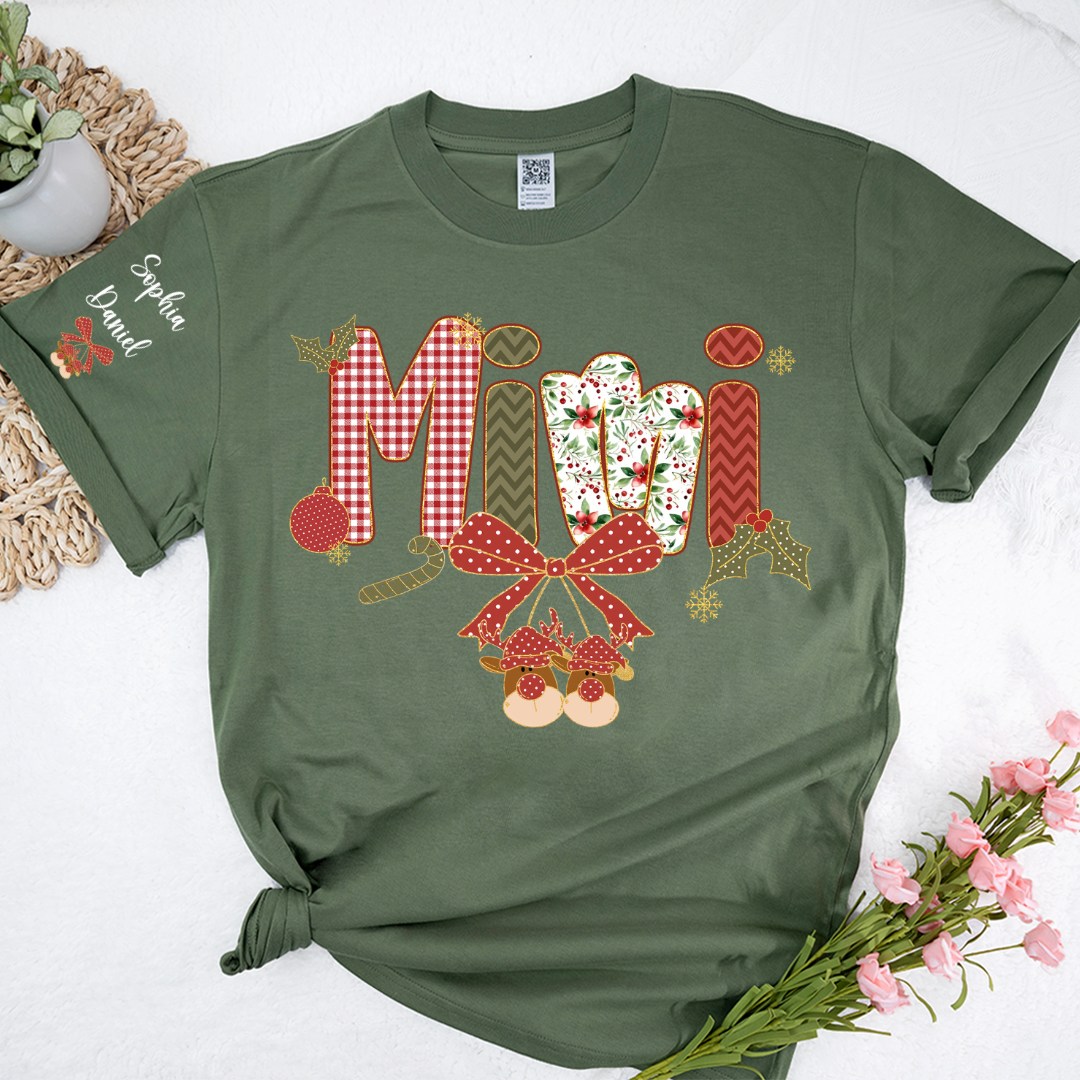 Christmas Preppy Green & Red Holly Letters Mimi and Grandkids Shirt