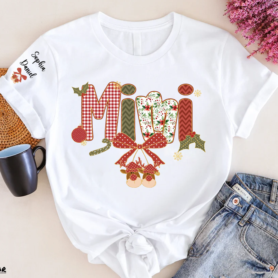 Christmas Preppy Green & Red Holly Letters Mimi and Grandkids Shirt