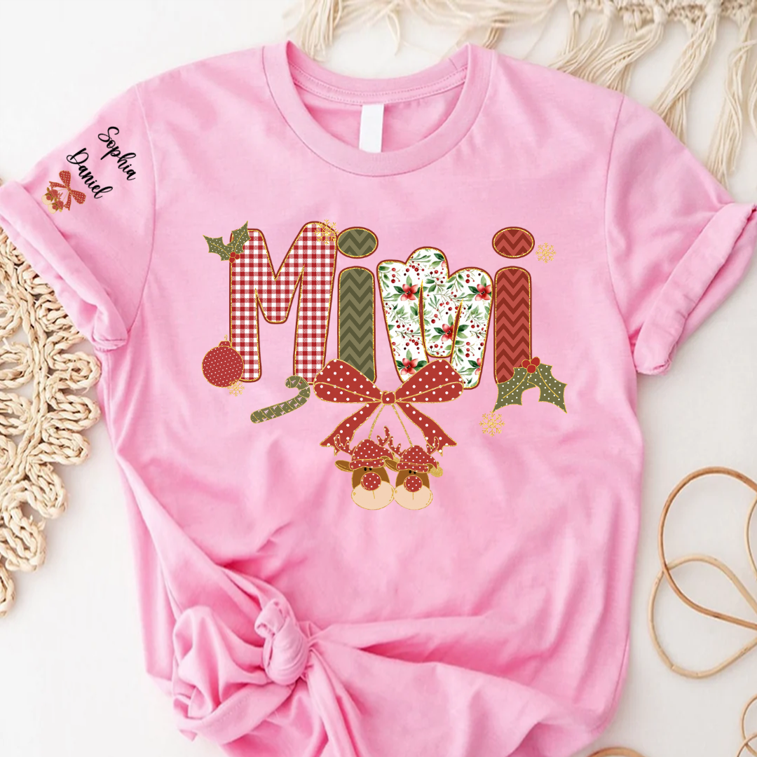 Christmas Preppy Green & Red Holly Letters Mimi and Grandkids Shirt
