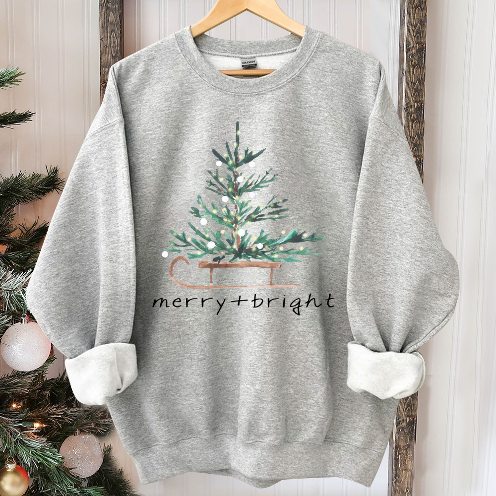 Christmas Sweatshirt for Women, Merry and Bright Hooded Sweatshirt, Christmas Tree Crewneck Sweater, Matching Family Group Holiday Shirts