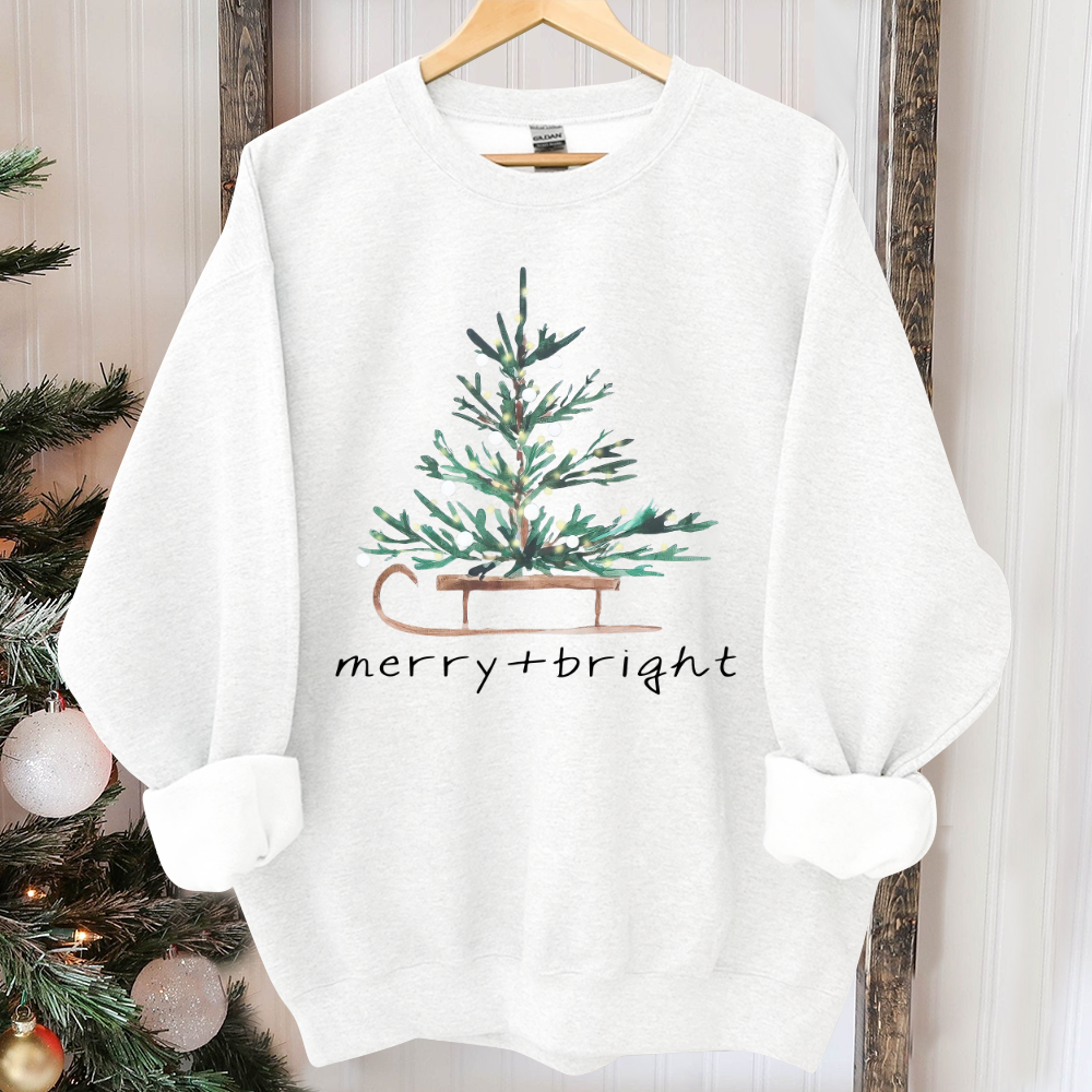 Christmas Sweatshirt for Women, Merry and Bright Hooded Sweatshirt, Christmas Tree Crewneck Sweater, Matching Family Group Holiday Shirts