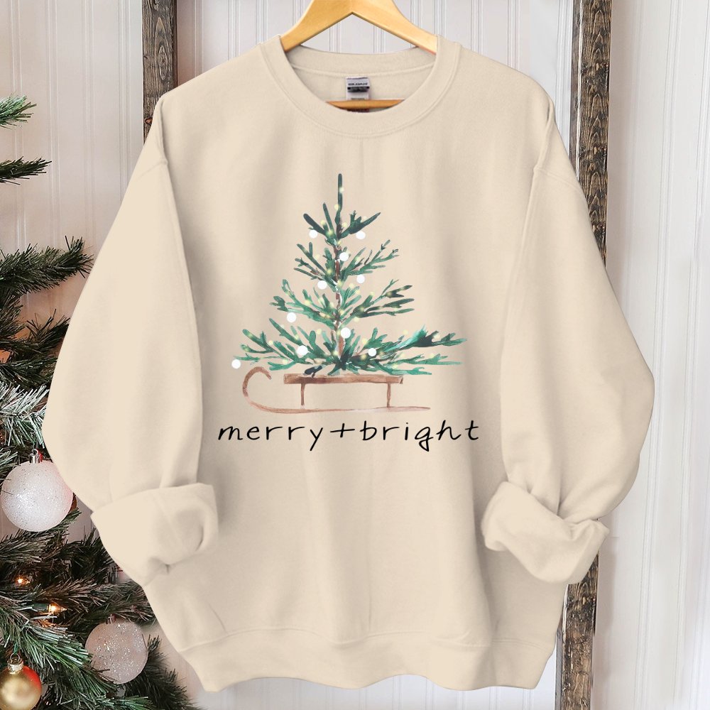 Christmas Sweatshirt for Women, Merry and Bright Hooded Sweatshirt, Christmas Tree Crewneck Sweater, Matching Family Group Holiday Shirts