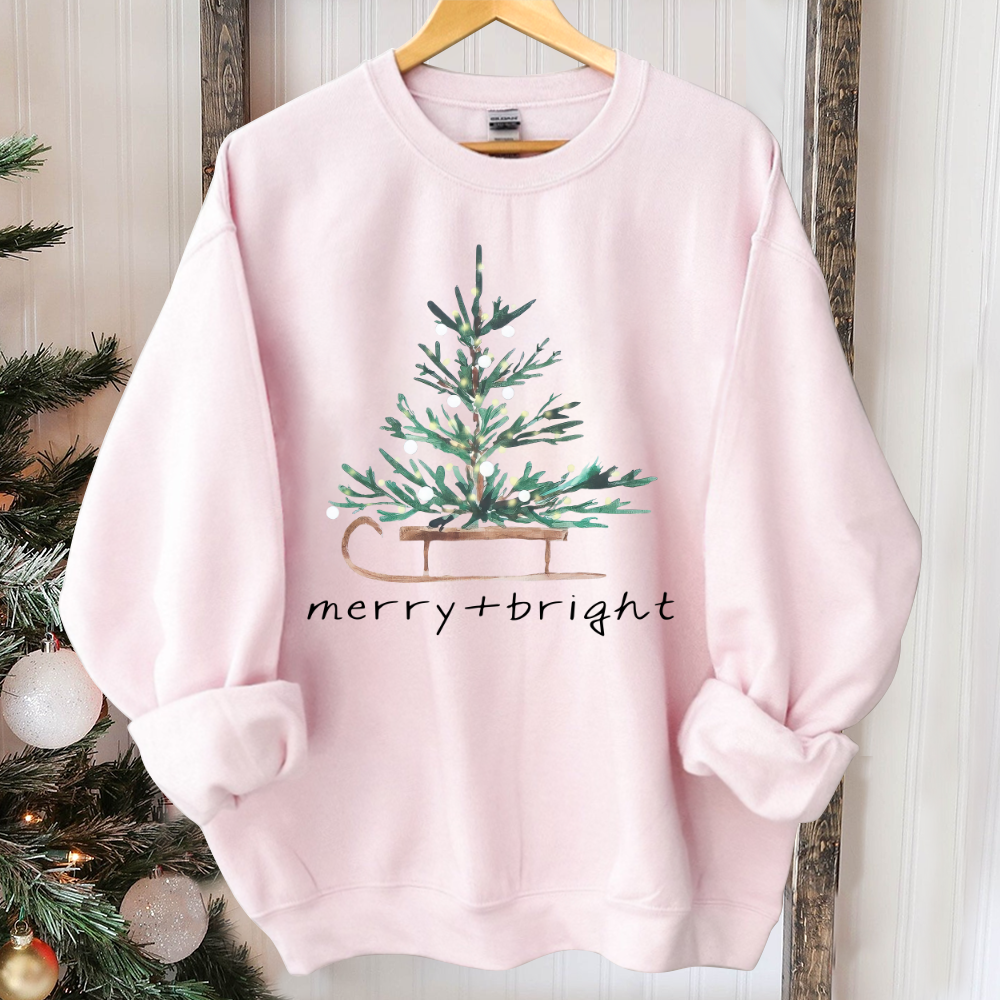 Christmas Sweatshirt for Women, Merry and Bright Hooded Sweatshirt, Christmas Tree Crewneck Sweater, Matching Family Group Holiday Shirts