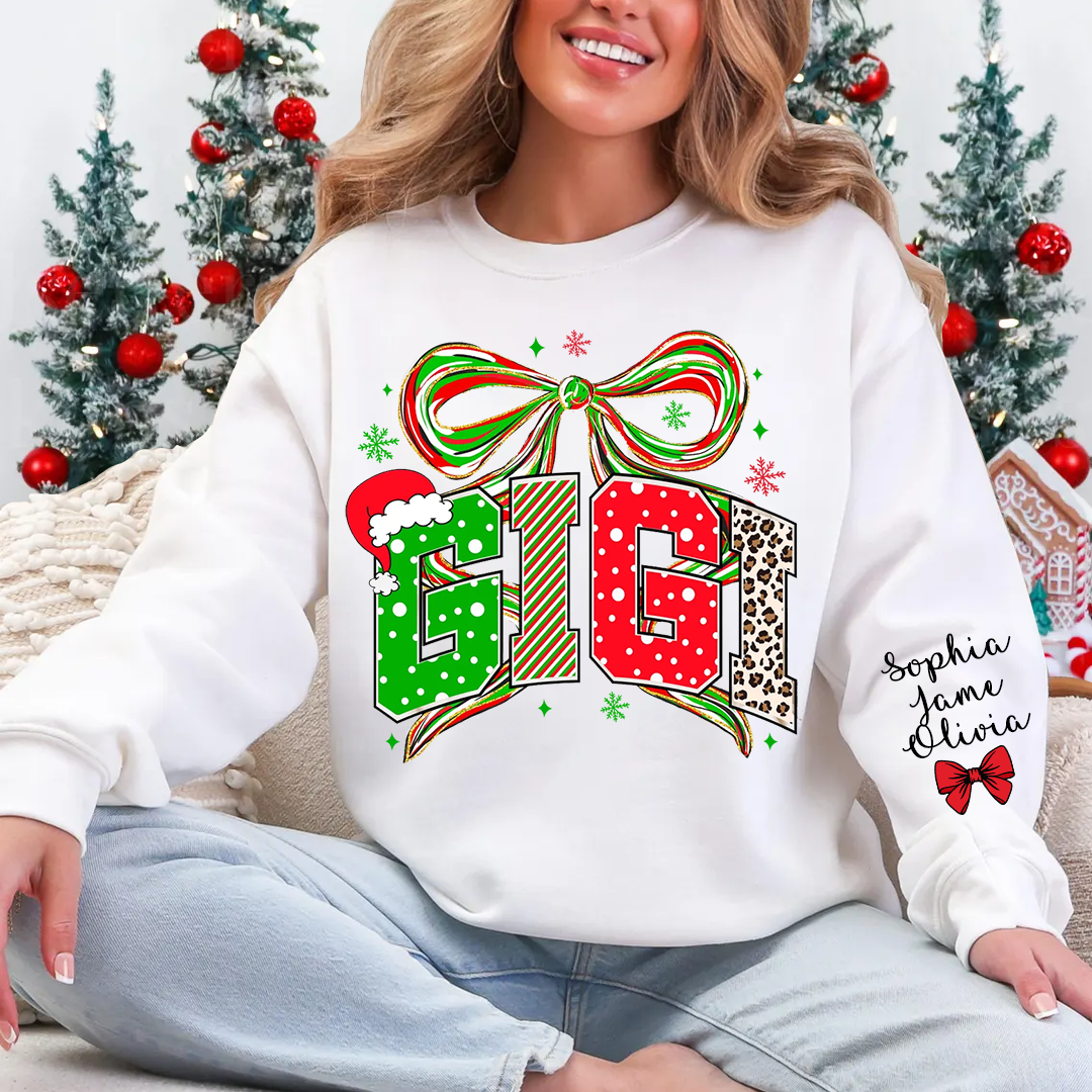 Coquette Christmas Nana Mimi Gigi and Grandkids Personalized Shirt