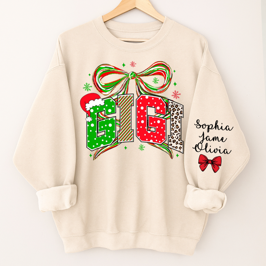 Coquette Christmas Nana Mimi Gigi and Grandkids Personalized Shirt