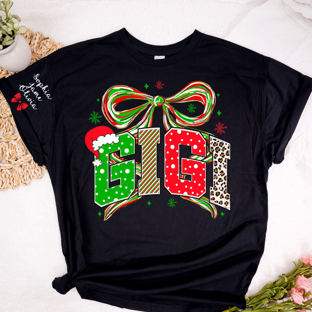 Coquette Christmas Nana Mimi Gigi and Grandkids Personalized Shirt