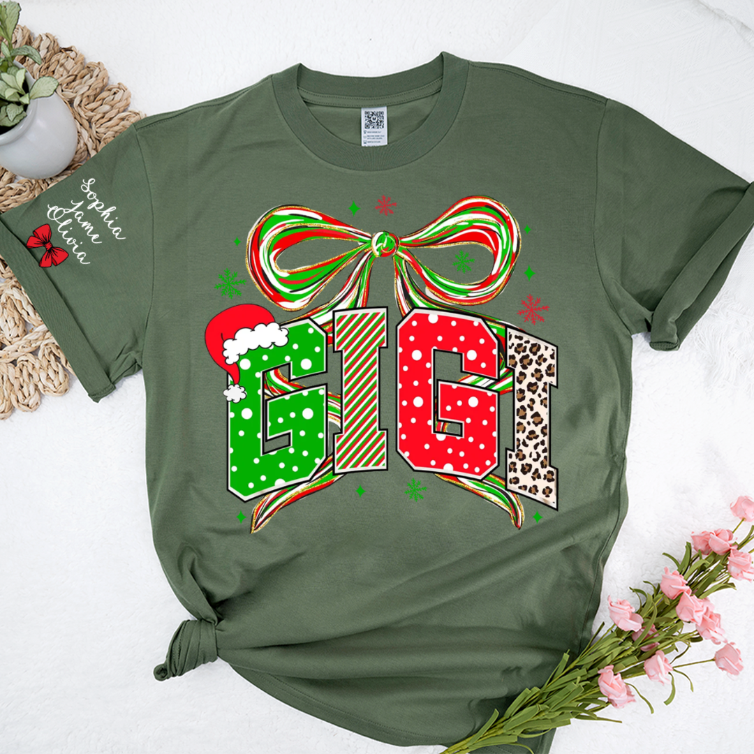 Coquette Christmas Nana Mimi Gigi and Grandkids Personalized Shirt
