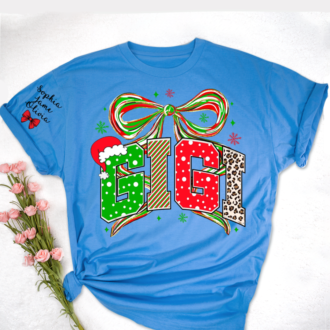 Coquette Christmas Nana Mimi Gigi and Grandkids Personalized Shirt