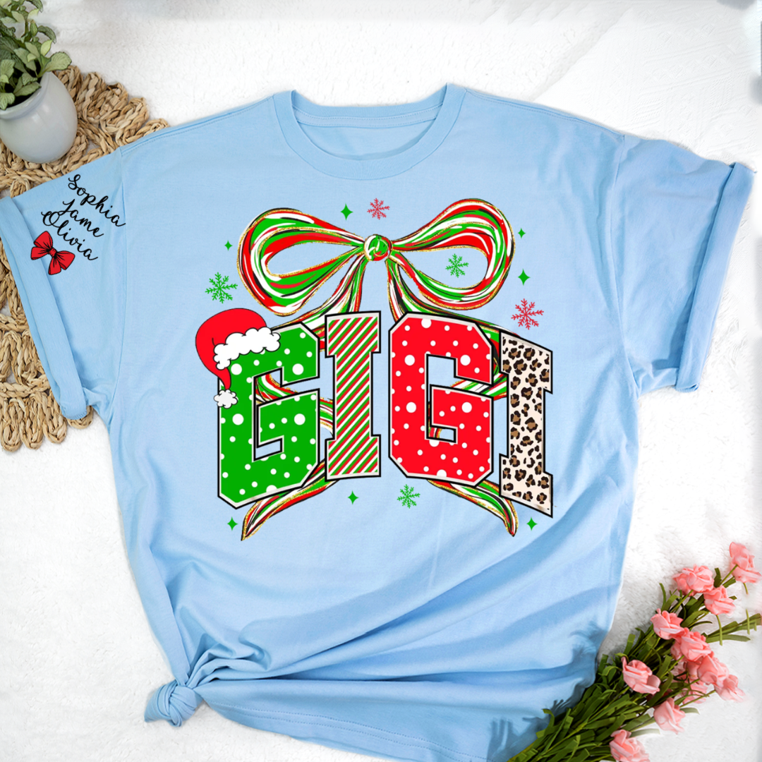 Coquette Christmas Nana Mimi Gigi and Grandkids Personalized Shirt