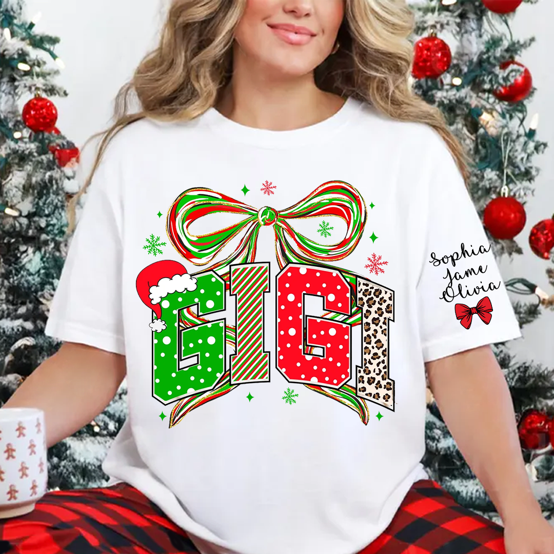 Coquette Christmas Nana Mimi Gigi and Grandkids Personalized Shirt