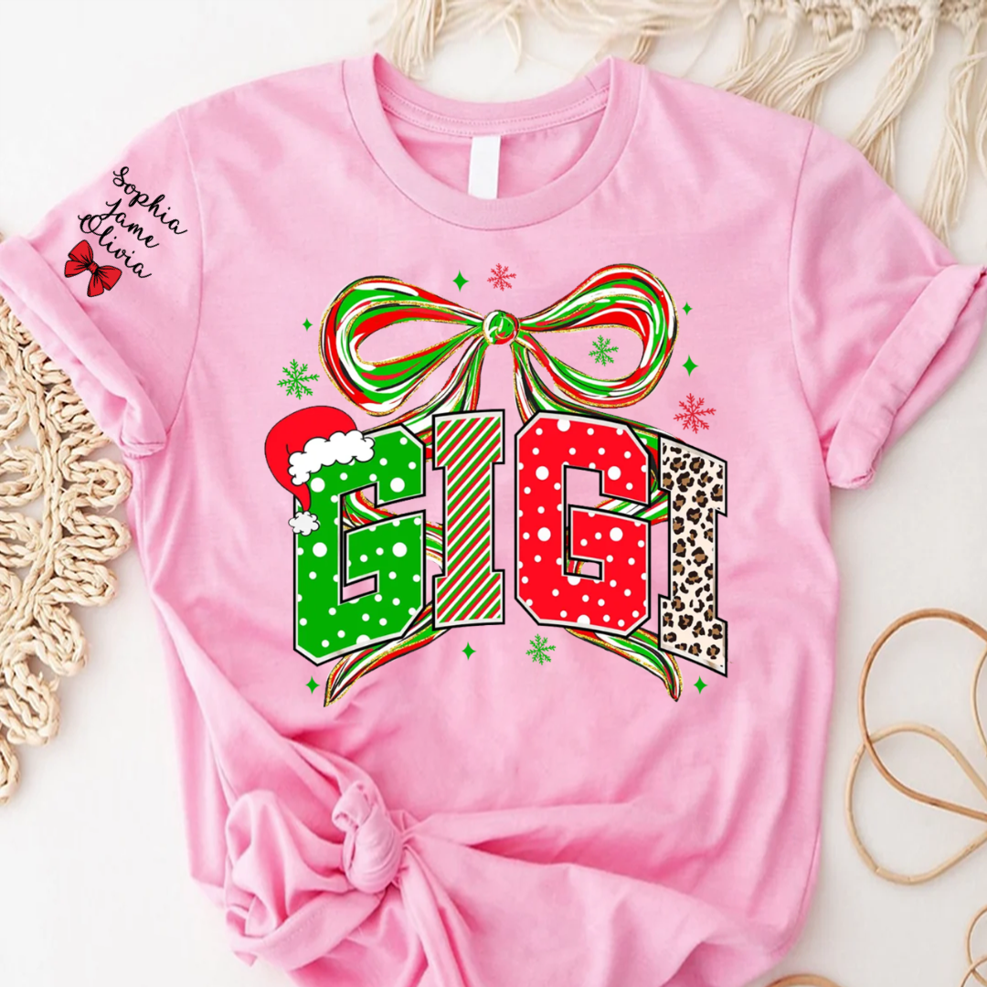 Coquette Christmas Nana Mimi Gigi and Grandkids Personalized Shirt