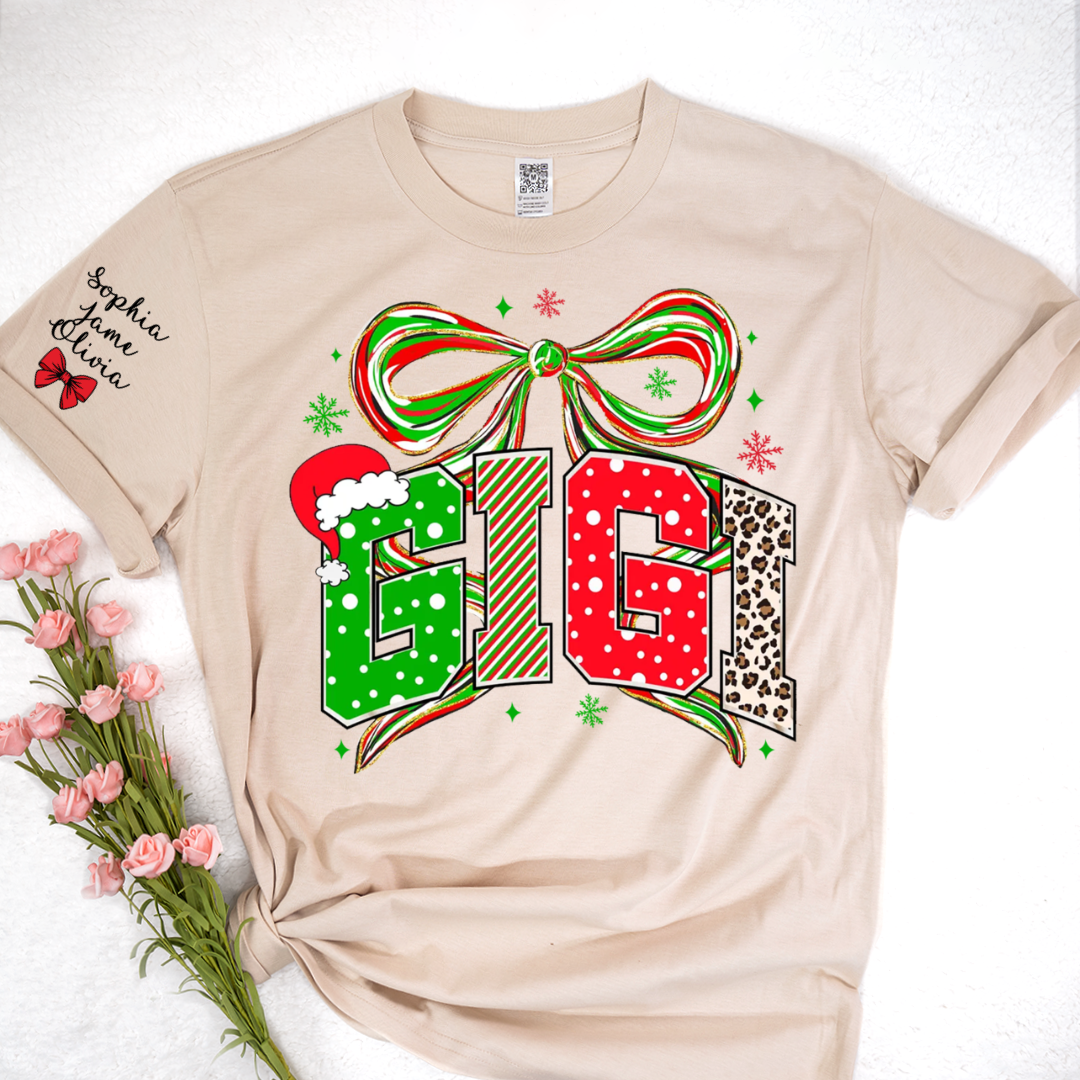 Coquette Christmas Nana Mimi Gigi and Grandkids Personalized Shirt