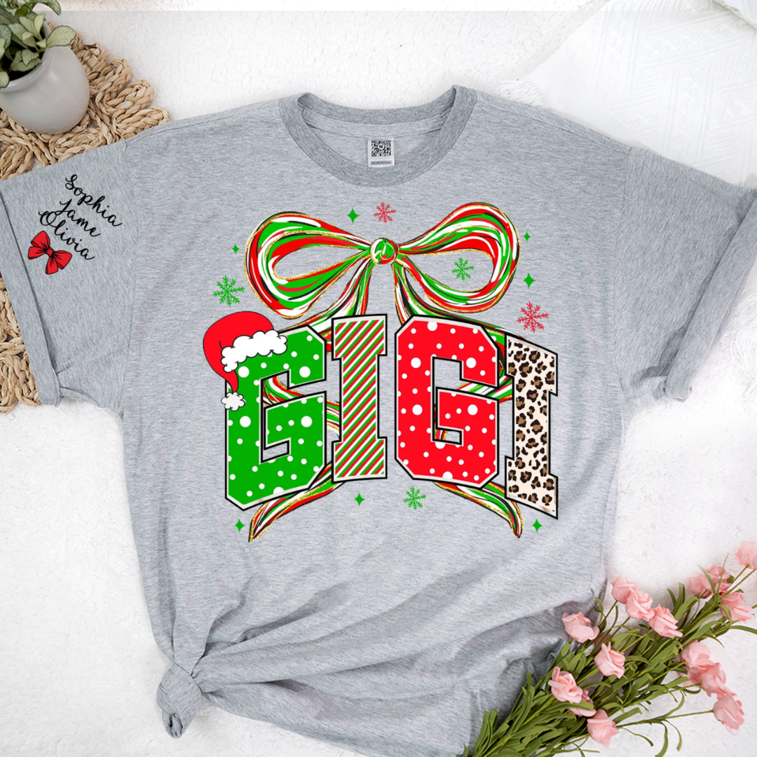 Coquette Christmas Nana Mimi Gigi and Grandkids Personalized Shirt
