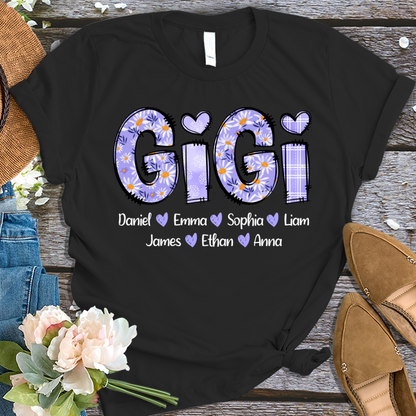 Custom Mimi Gigi Purple Daisy With Grandkids Mother's Day T-Shirt
