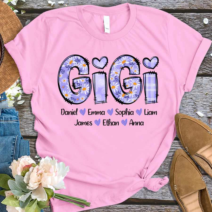 Custom Nana Gigi Purple Daisy With Grandkids Mother's Day T-Shirt