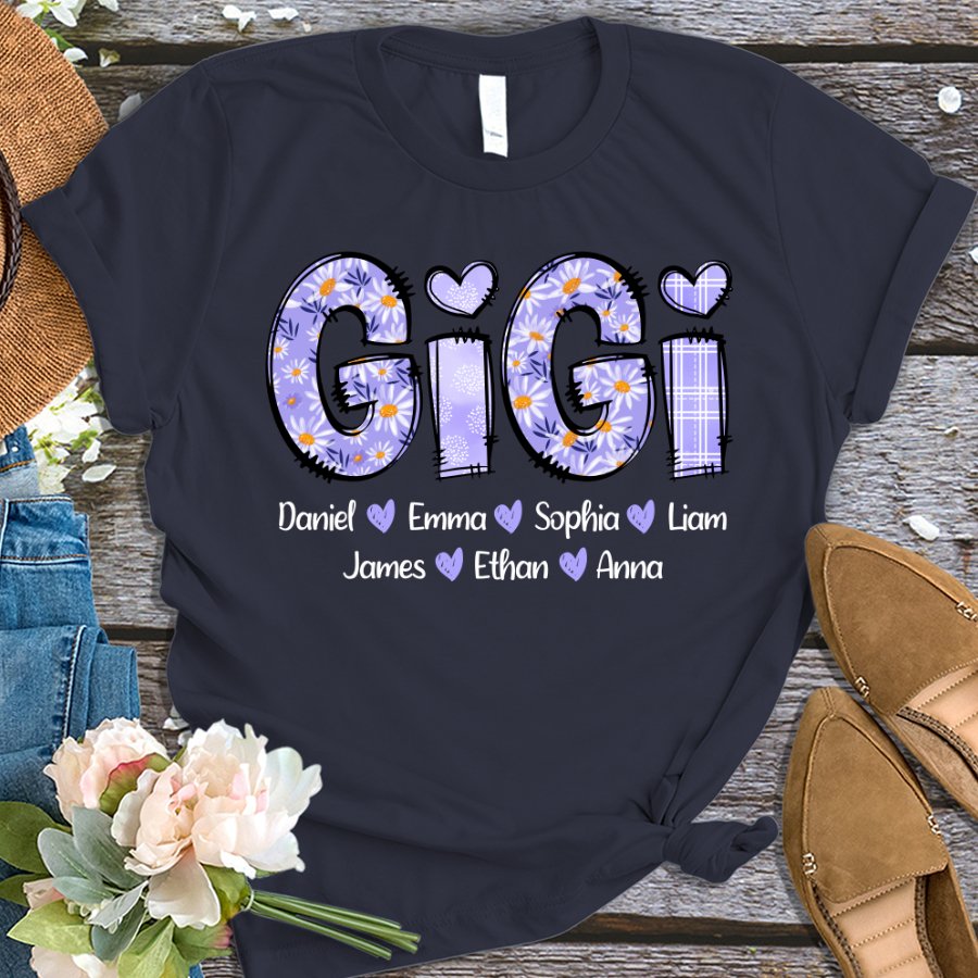Custom Nana Gigi Purple Daisy With Grandkids Mother's Day T-Shirt