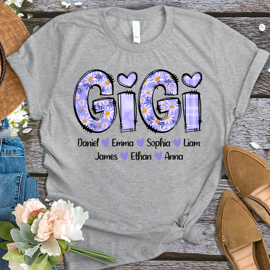 Custom Nana Gigi Purple Daisy With Grandkids Mother's Day T-Shirt