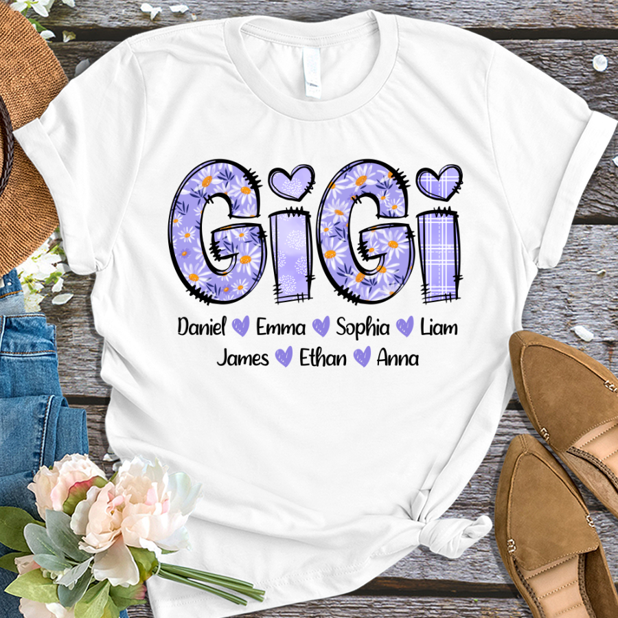 Custom Mimi Gigi Purple Daisy With Grandkids Mother's Day T-Shirt