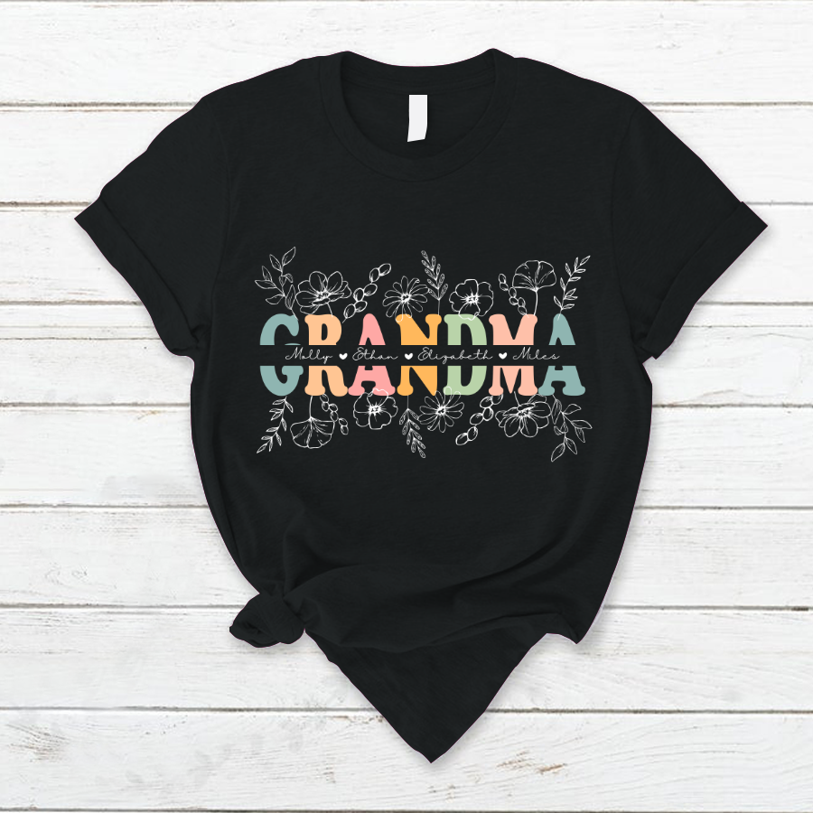 Customizable Grandma Line Floral Vintage T-Shirt