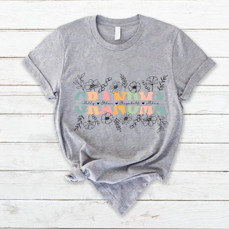 Customizable Grandma Line Floral Vintage T-Shirt