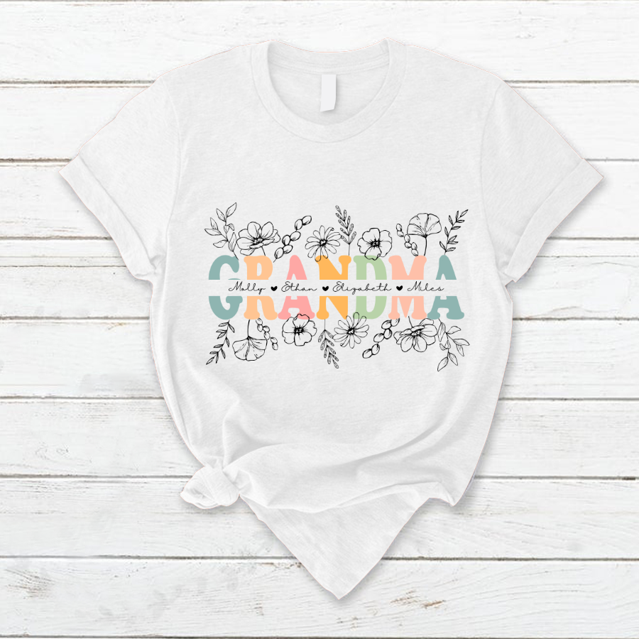 Customizable Grandma Line Floral Vintage T-Shirt