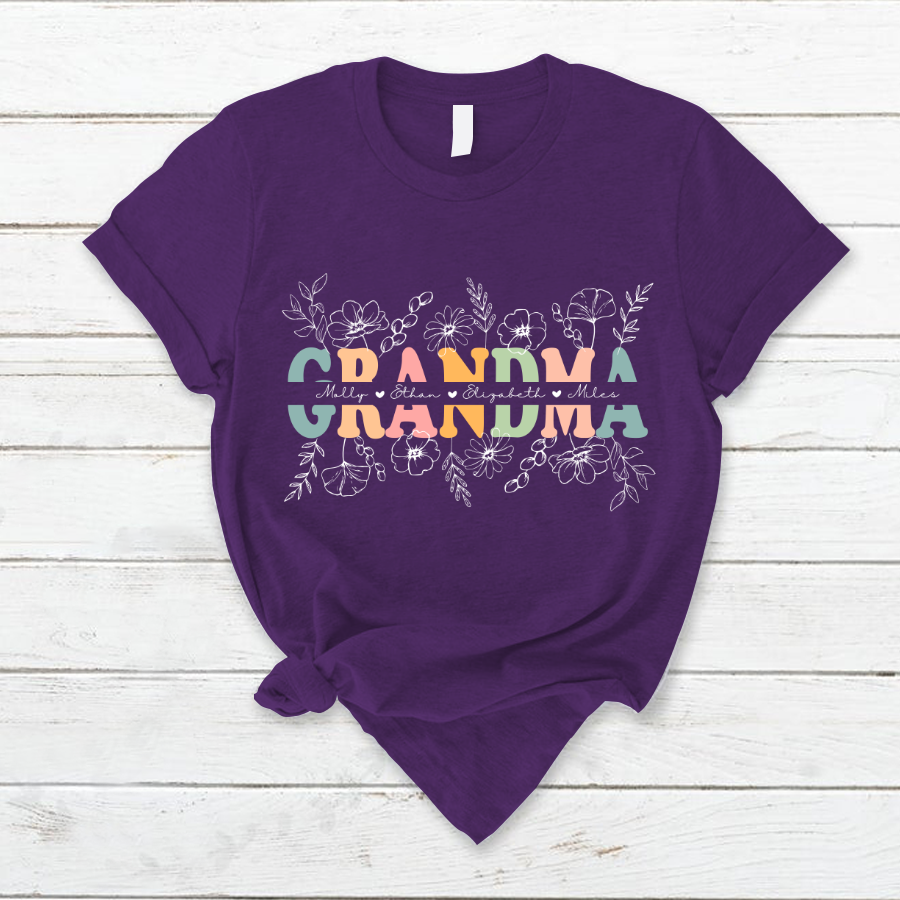 Customizable Grandma Line Floral Vintage T-Shirt