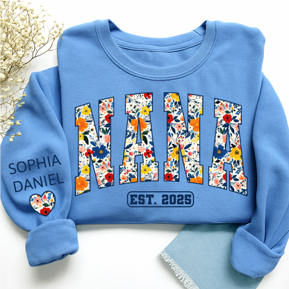 Floral Nana Est 2025 Custom Grandma And Grandkids Name Sweatshirt