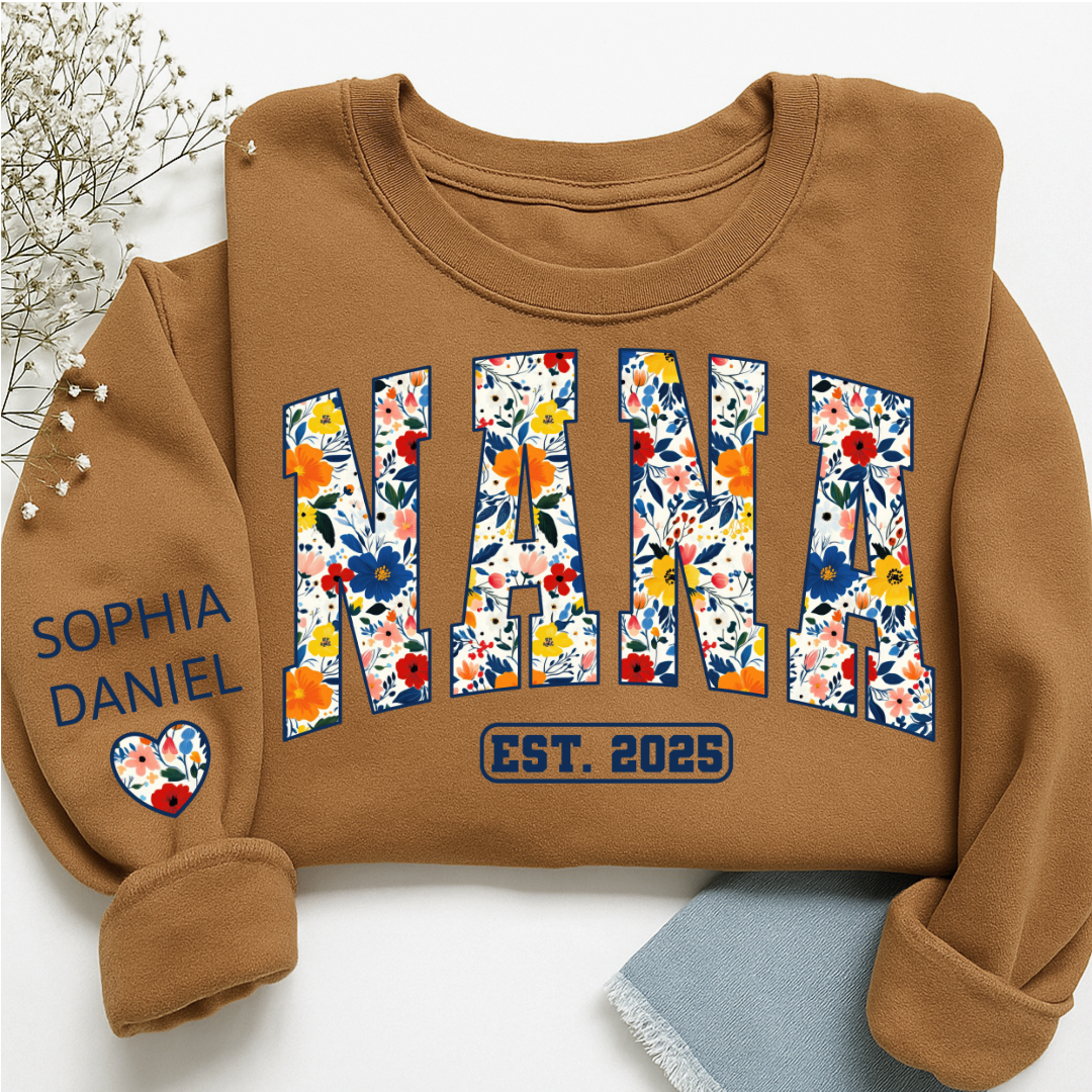 Floral Nana Est 2025 Custom Grandma And Grandkids Name Sweatshirt