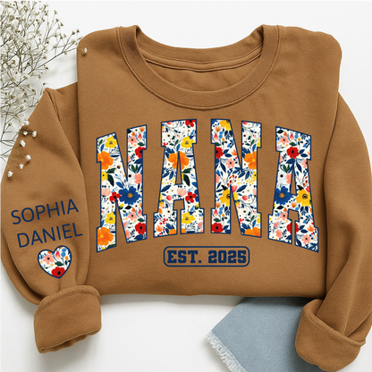 Floral Nana Est 2025 Custom Grandma And Grandkids Name Sweatshirt