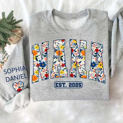 Floral Nana Est 2025 Custom Grandma And Grandkids Name Sweatshirt