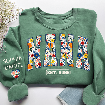 Floral Nana Est 2025 Custom Grandma And Grandkids Name Sweatshirt