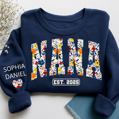 Floral Nana Est 2025 Custom Grandma And Grandkids Name Sweatshirt