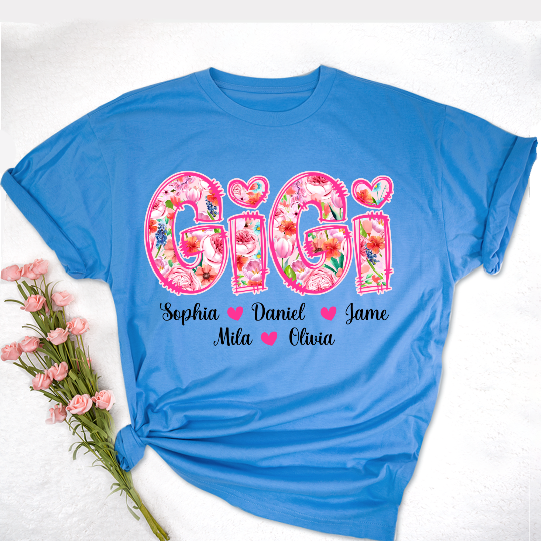 Flower Gigi and Grandkids Persanalized Grandma Shirt, Mother's Day Gift